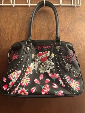 Ed Hardy Black Floral Skull Satchel with Pink Accents